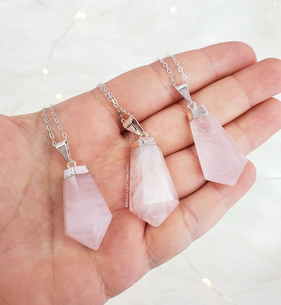 Large Oval Rose Quartz and Sterling Silver Necklace - Tranquil Sky Jewelry